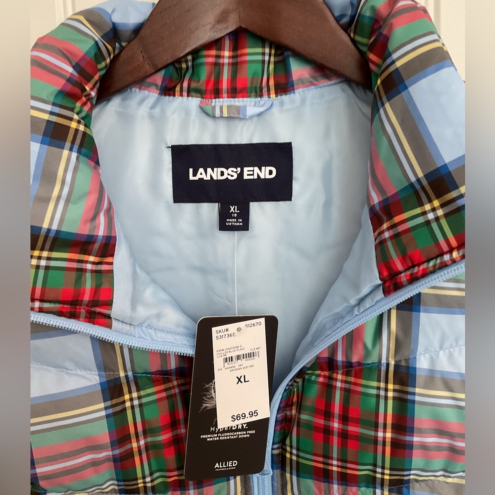 Lands' End womens Colorful Plaid Puffer Vest new XL Holiday Preppy - Picture 2 of 5